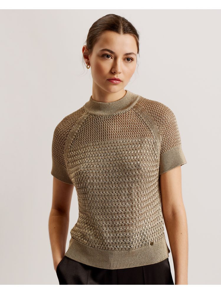 Ted Baker Abaly - Metallic Knitted Short Sleeve Top Beige | 236089-VEA