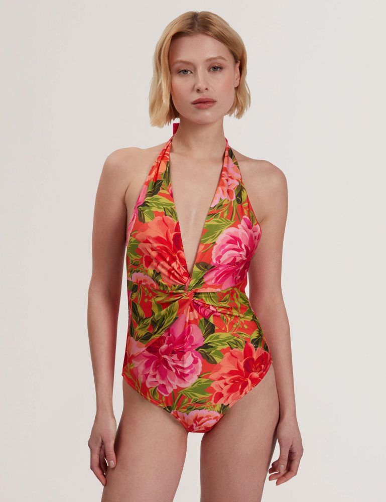 Ted Baker Abygal - Floral Print Plunge Halter Neck Swimsuit Corail | 439682-SNV