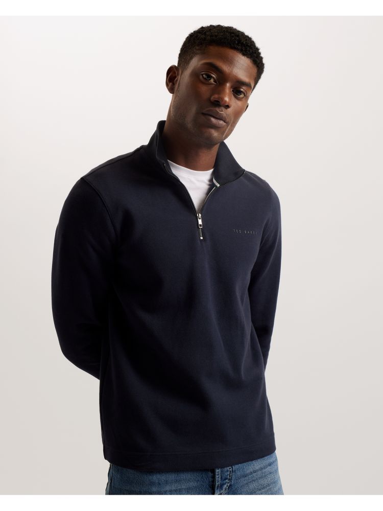 Ted Baker Actos - Branded Half Zip Cotton Blend Sweatshirt Bleu Marine | 071453-DZA