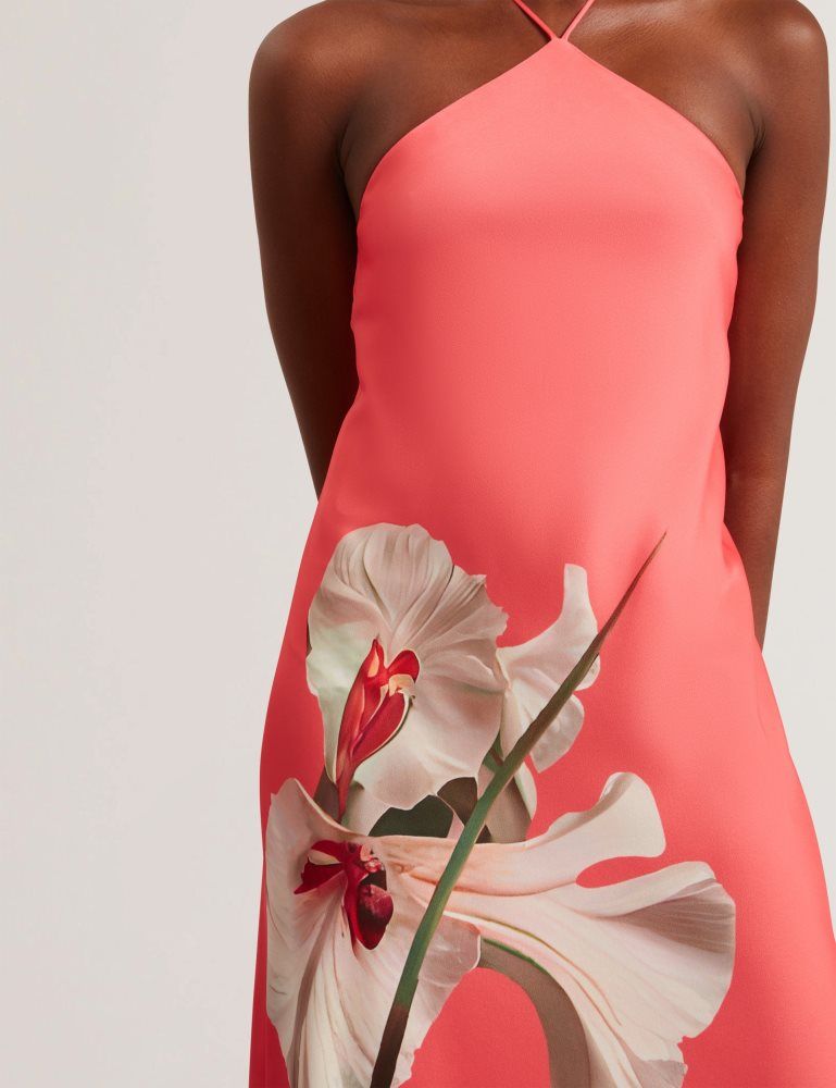 Ted Baker Ajima - Floral Graphic Halter Neck Satin Maxi Dress Corail | 091265-BYG