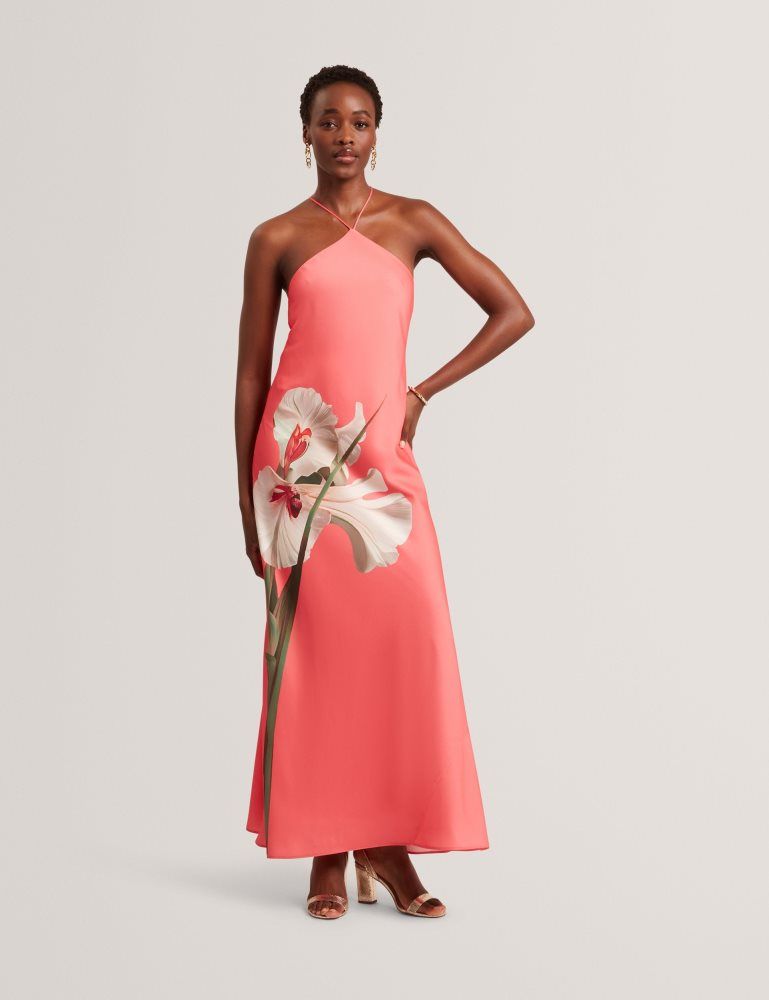 Ted Baker Ajima - Floral Graphic Halter Neck Satin Maxi Dress Corail | 091265-BYG