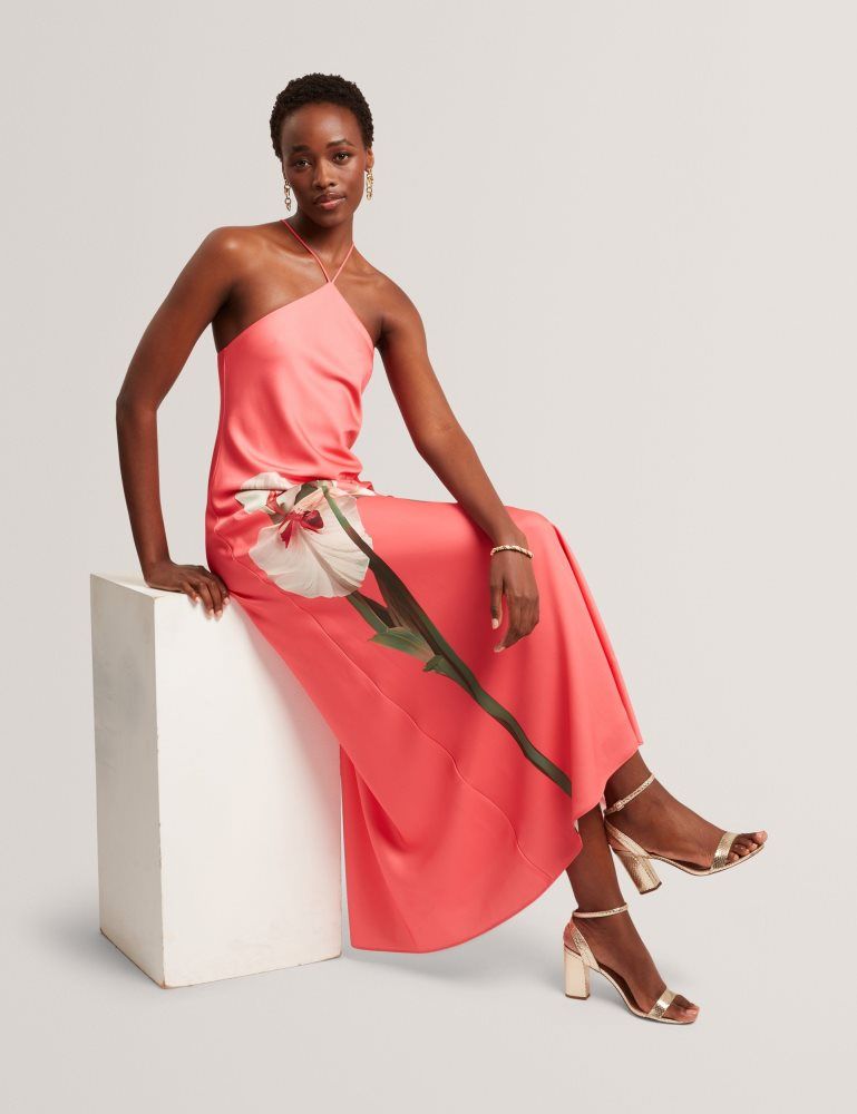 Ted Baker Ajima - Floral Graphic Halter Neck Satin Maxi Dress Corail | 091265-BYG