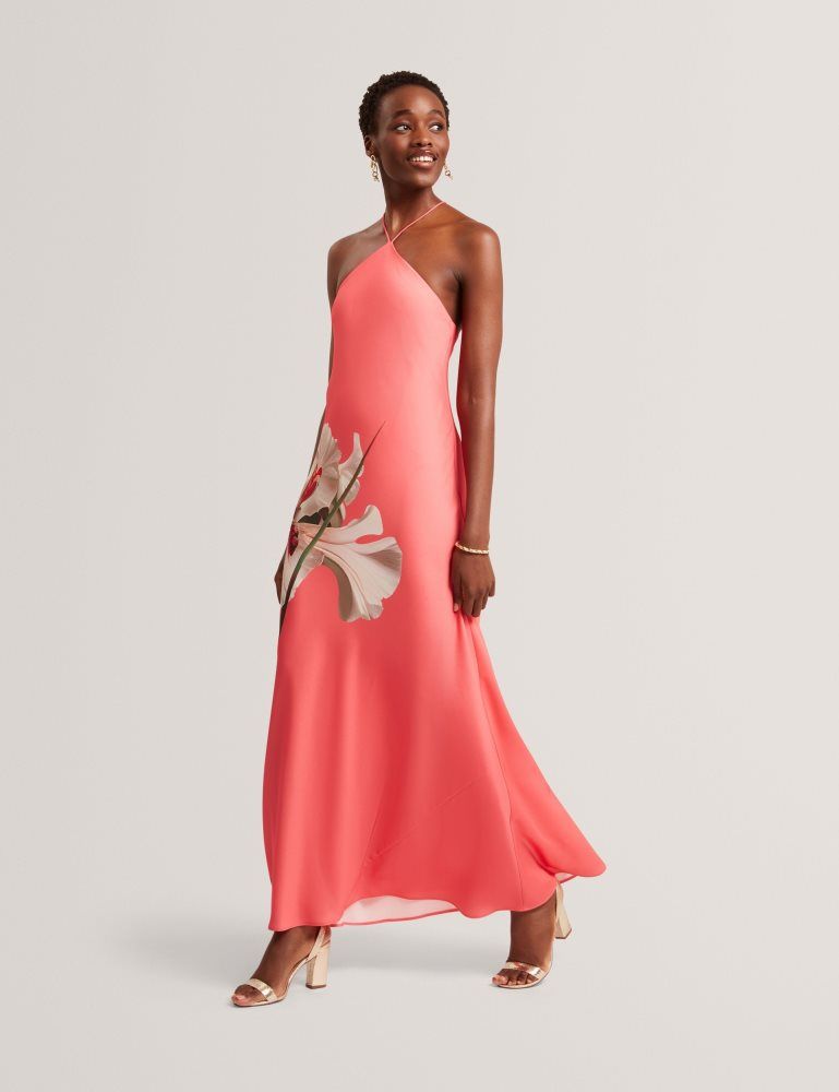 Ted Baker Ajima - Floral Graphic Halter Neck Satin Maxi Dress Corail | 091265-BYG