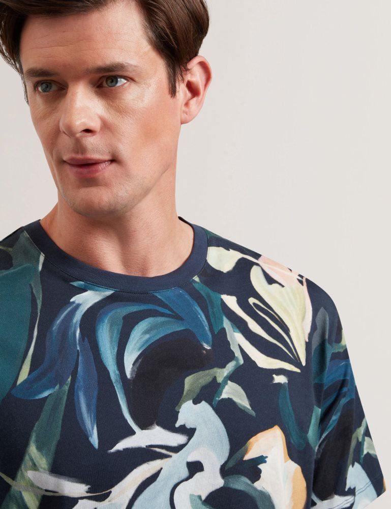 Ted Baker Almoi - Floral Print Pure Cotton T-shirt Noir | 573914-BRQ