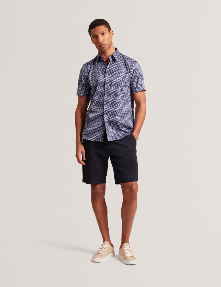 Ted Baker Alphso - Geometric Print Pure Cotton Short Sleeve Shirt Bleu Marine | 245860-QYP