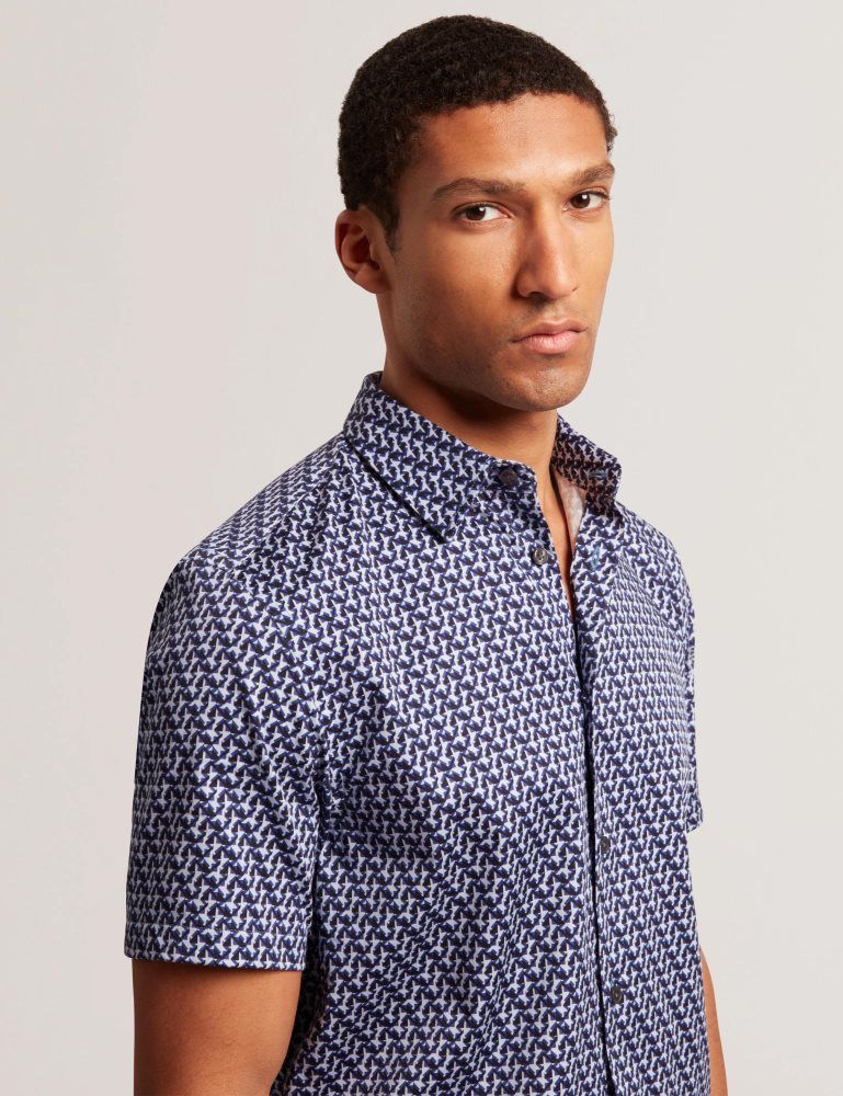 Ted Baker Alphso - Geometric Print Pure Cotton Short Sleeve Shirt Bleu Marine | 245860-QYP