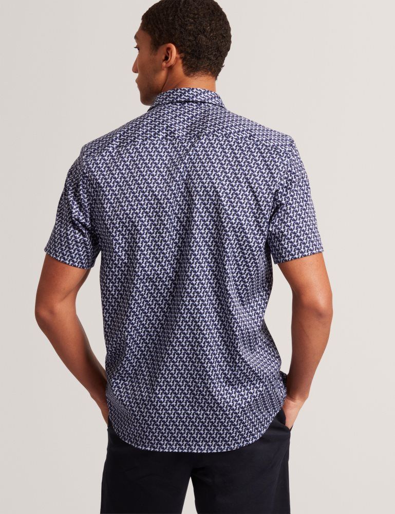 Ted Baker Alphso - Geometric Print Pure Cotton Short Sleeve Shirt Bleu Marine | 245860-QYP