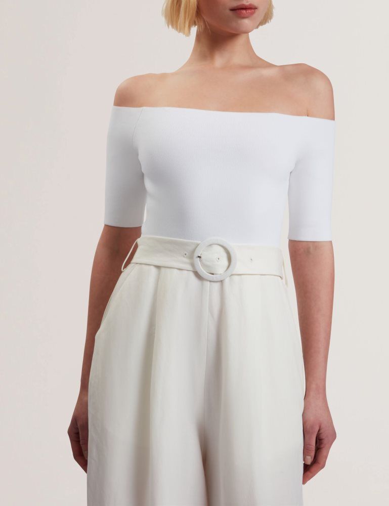Ted Baker Angeliy - Bardot Knit Top Wide Leg Belted Jumpsuit Blanche | 247963-MQP