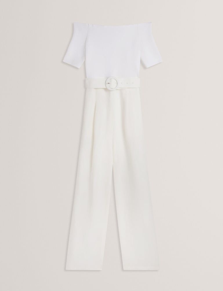 Ted Baker Angeliy - Bardot Knit Top Wide Leg Belted Jumpsuit Blanche | 247963-MQP