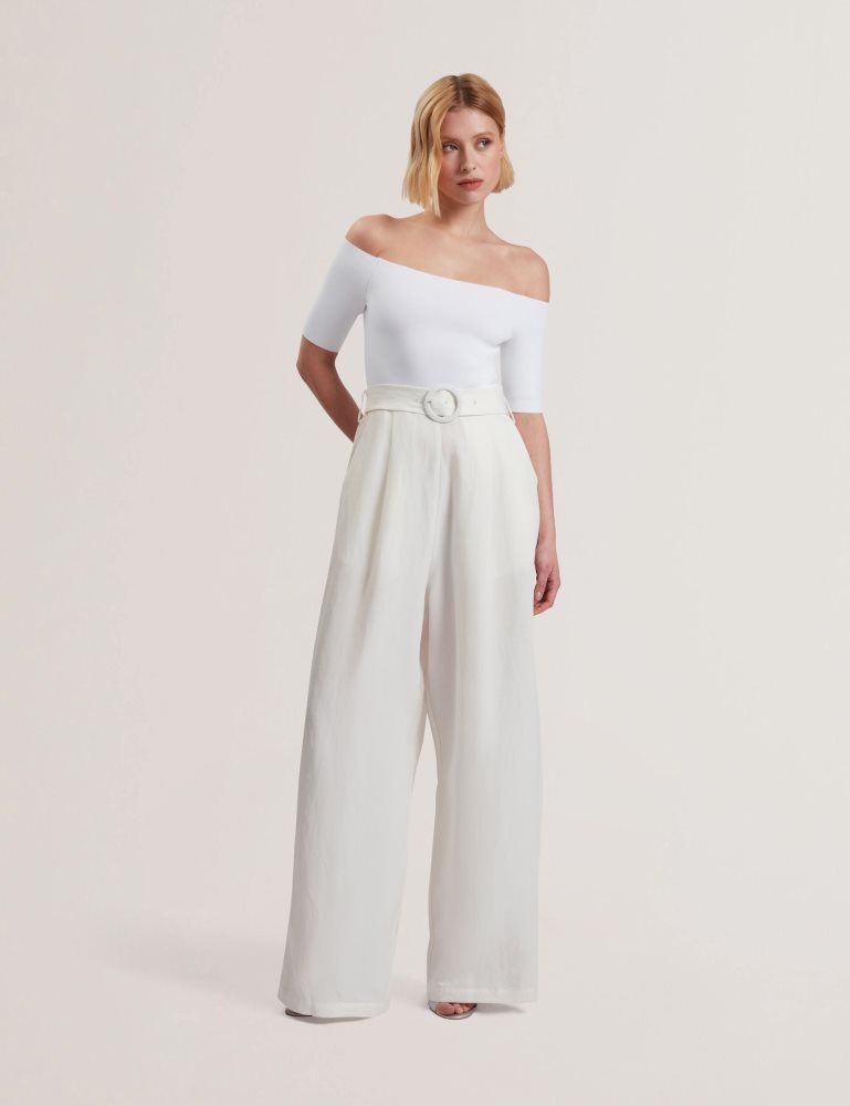 Ted Baker Angeliy - Bardot Knit Top Wide Leg Belted Jumpsuit Blanche | 247963-MQP