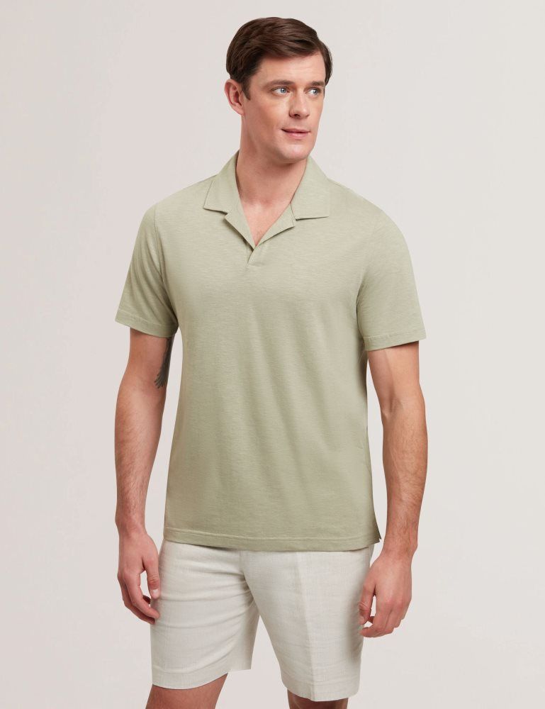 Ted Baker Anito - Cotton Linen Open Neck Polo Shirt Kaki | 804651-DVB