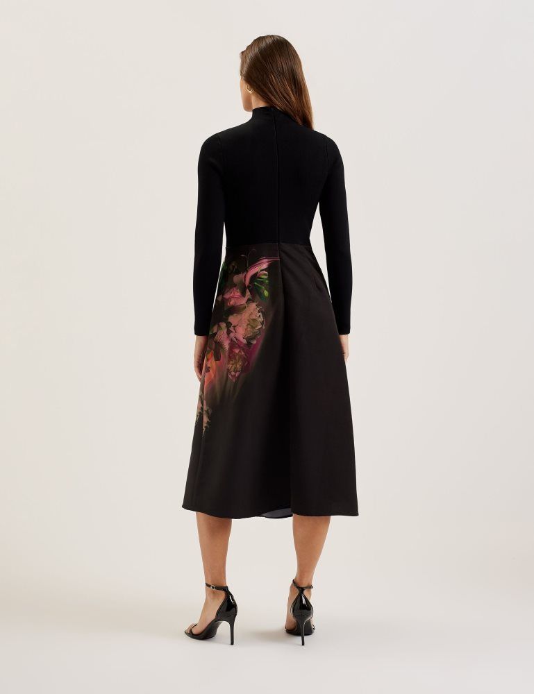 Ted Baker Asnes - Knit Bodice Midi Dress With Printed Skirt Noir | 689240-OVJ