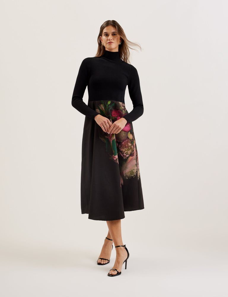 Ted Baker Asnes - Knit Bodice Midi Dress With Printed Skirt Noir | 689240-OVJ