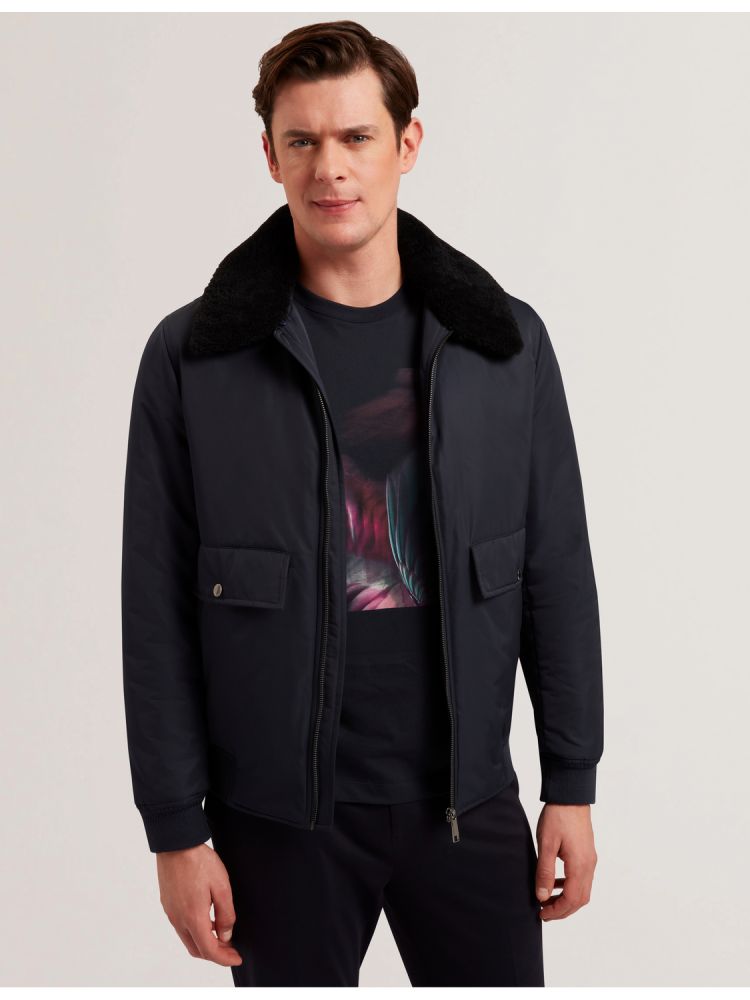 Ted Baker Avitore - Zip Bomber Jacket With Removable Collar Bleu Marine | 167394-NRK