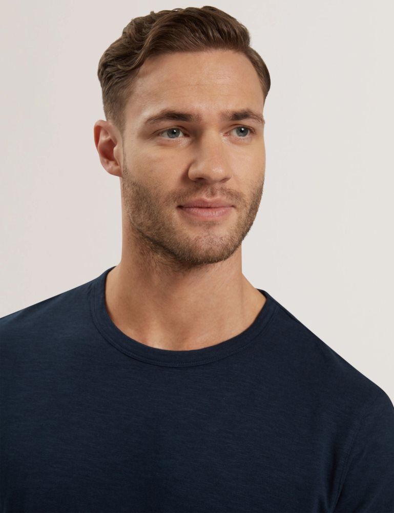 Ted Baker Bartol - Regular Cotton Linen Crew Neck T-shirt Bleu Marine | 458719-TEI