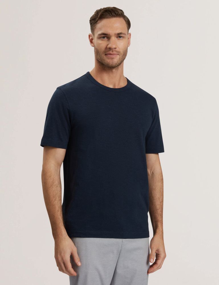 Ted Baker Bartol - Regular Cotton Linen Crew Neck T-shirt Bleu Marine | 458719-TEI