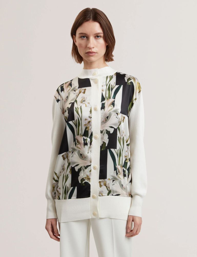 Ted Baker Belviaa - Printed Woven Front Longline Cardigan Blanche | 625913-NZV