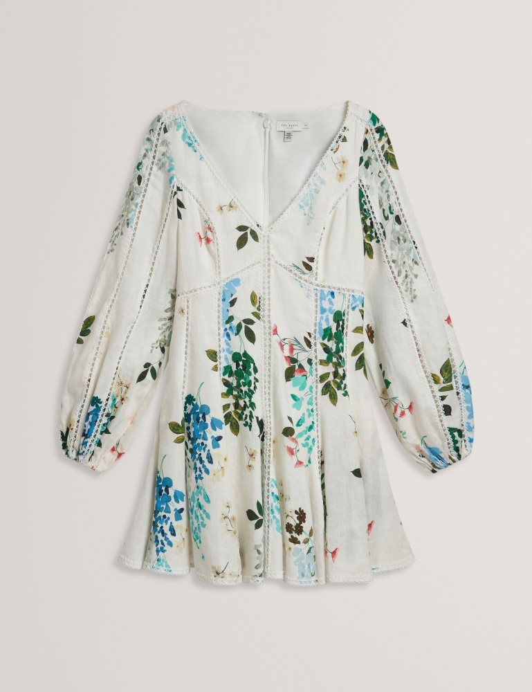 Ted Baker Belvida - Floral Crochet Trim Linen Mini Dress Blanche | 549621-NQV