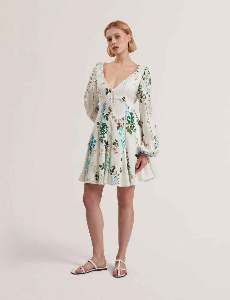Ted Baker Belvida - Floral Crochet Trim Linen Mini Dress Blanche | 549621-NQV