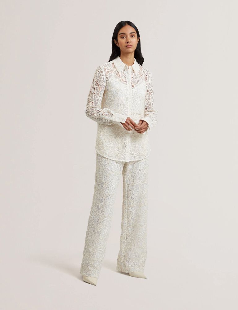 Ted Baker Blond - Floral Lace Longline Cotton Shirt Blanche | 315082-XHE
