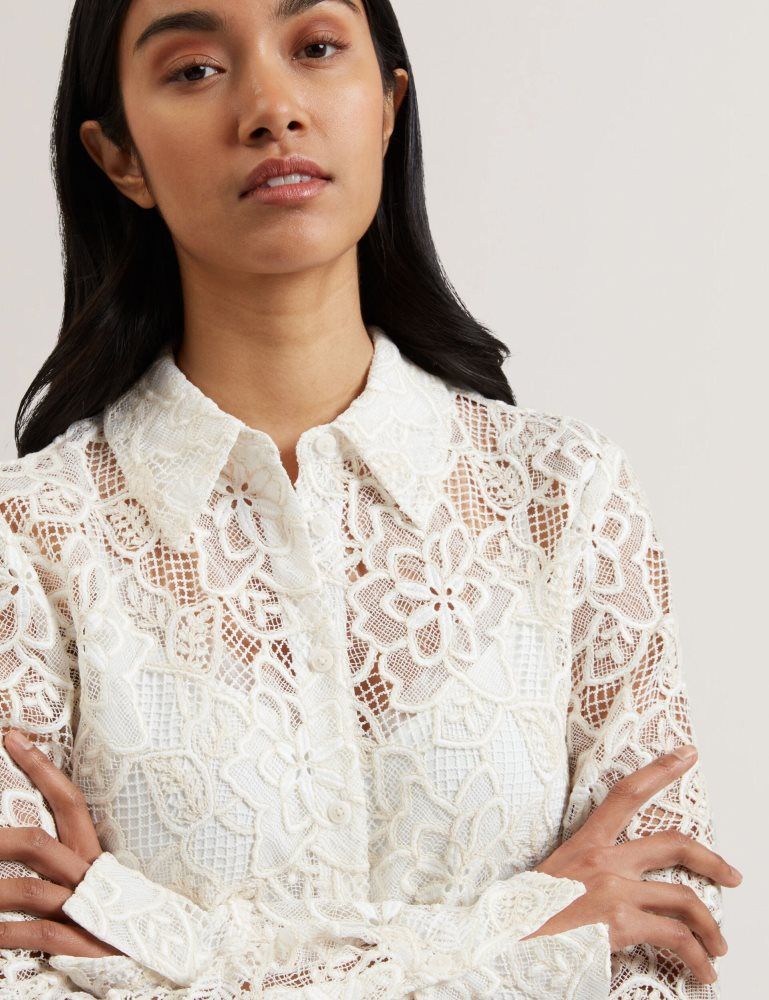 Ted Baker Blond - Floral Lace Longline Cotton Shirt Blanche | 315082-XHE