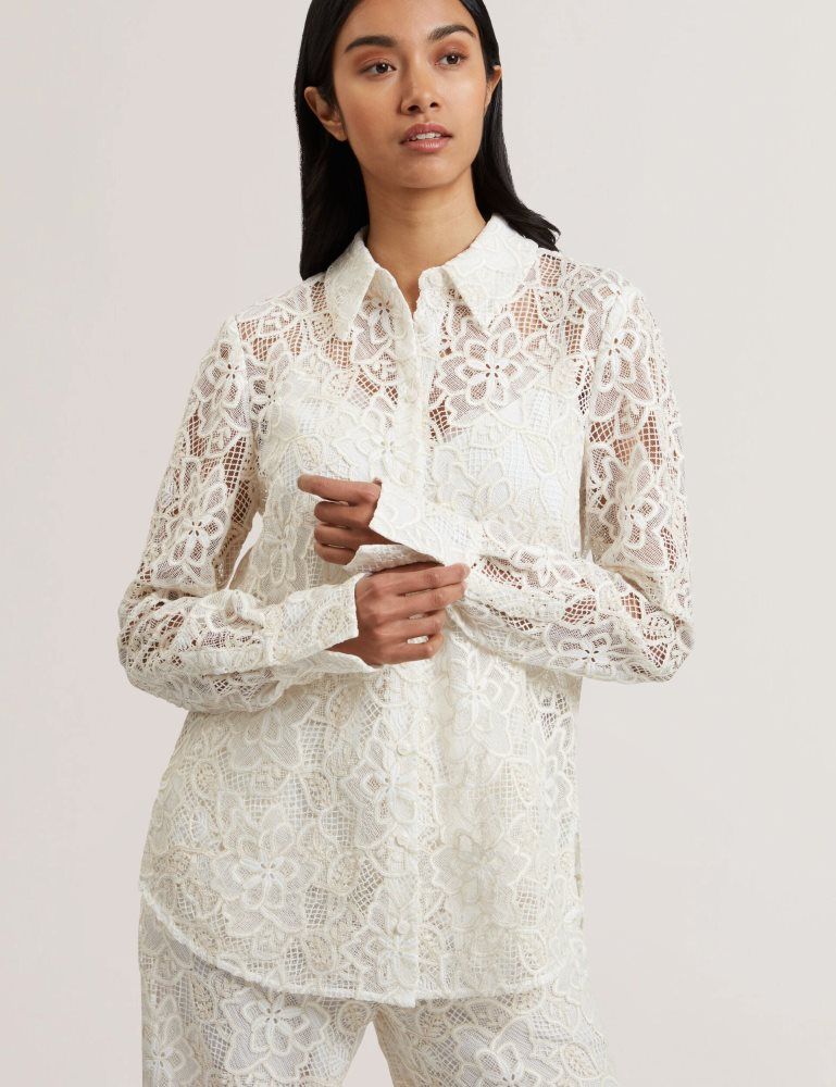 Ted Baker Blond - Floral Lace Longline Cotton Shirt Blanche | 315082-XHE