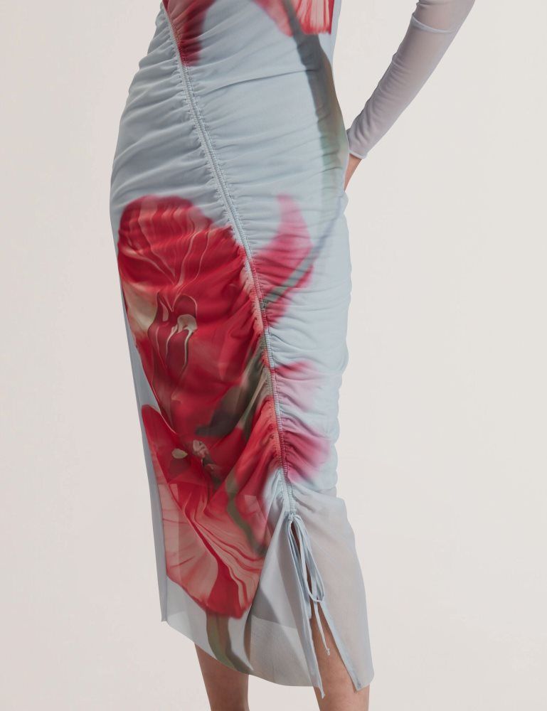 Ted Baker Boxnine - Printed Mesh Gathering Bodycon Midi Dress Bleu | 963417-BXN