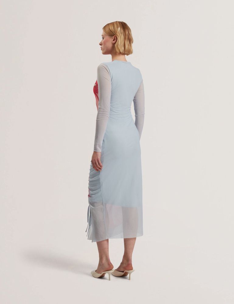 Ted Baker Boxnine - Printed Mesh Gathering Bodycon Midi Dress Bleu | 963417-BXN
