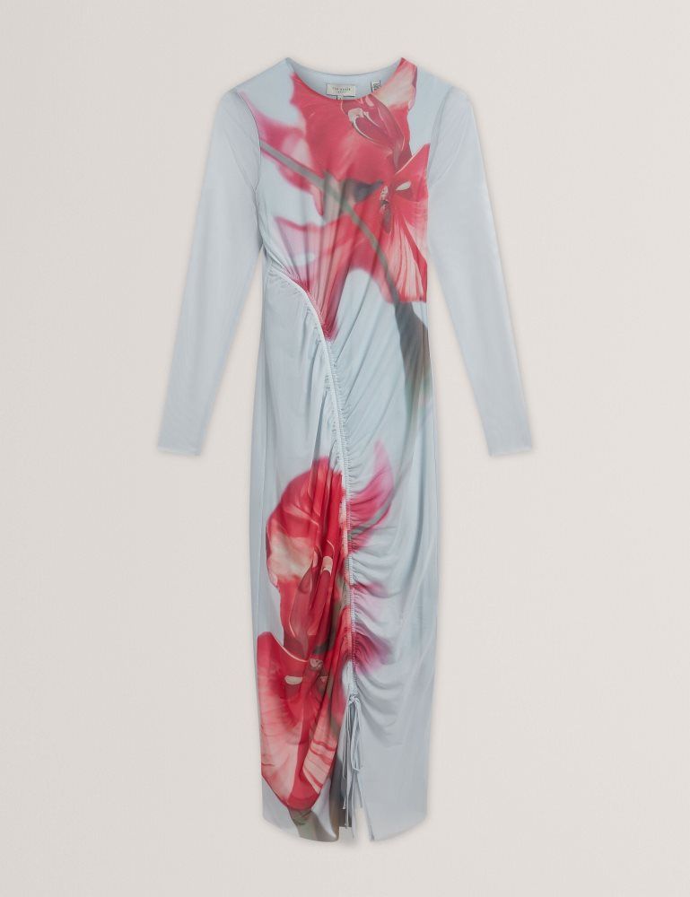 Ted Baker Boxnine - Printed Mesh Gathering Bodycon Midi Dress Bleu | 963417-BXN