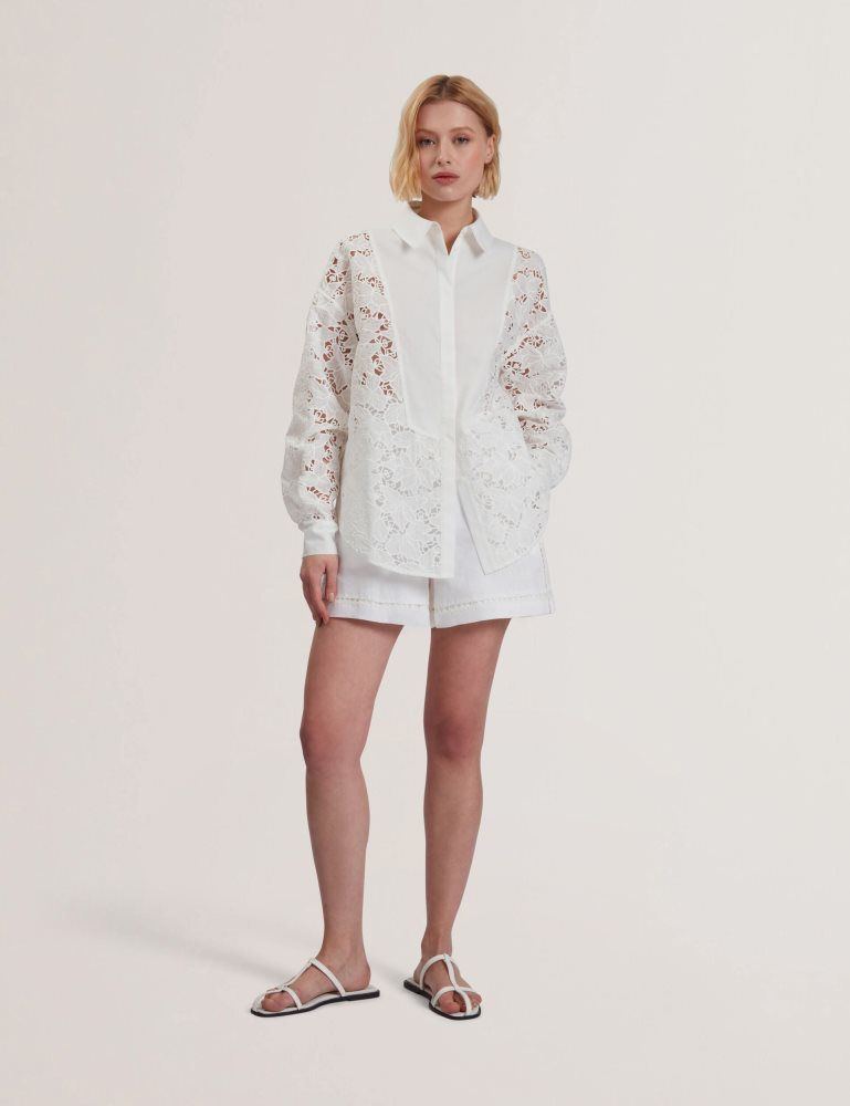 Ted Baker Buccia - Crochet Trim High Waisted Linen Shorts Blanche | 971345-AHK