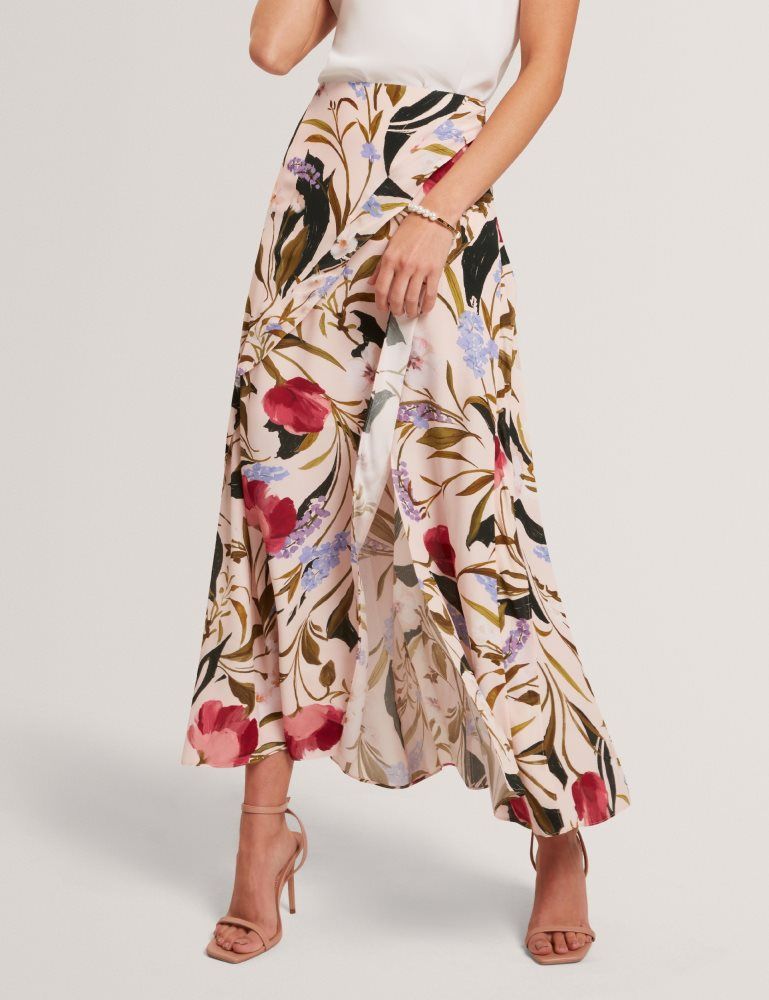 Ted Baker Candici - Floral Print Frill Trim Midi Skirt With Split Rose | 354078-LBE