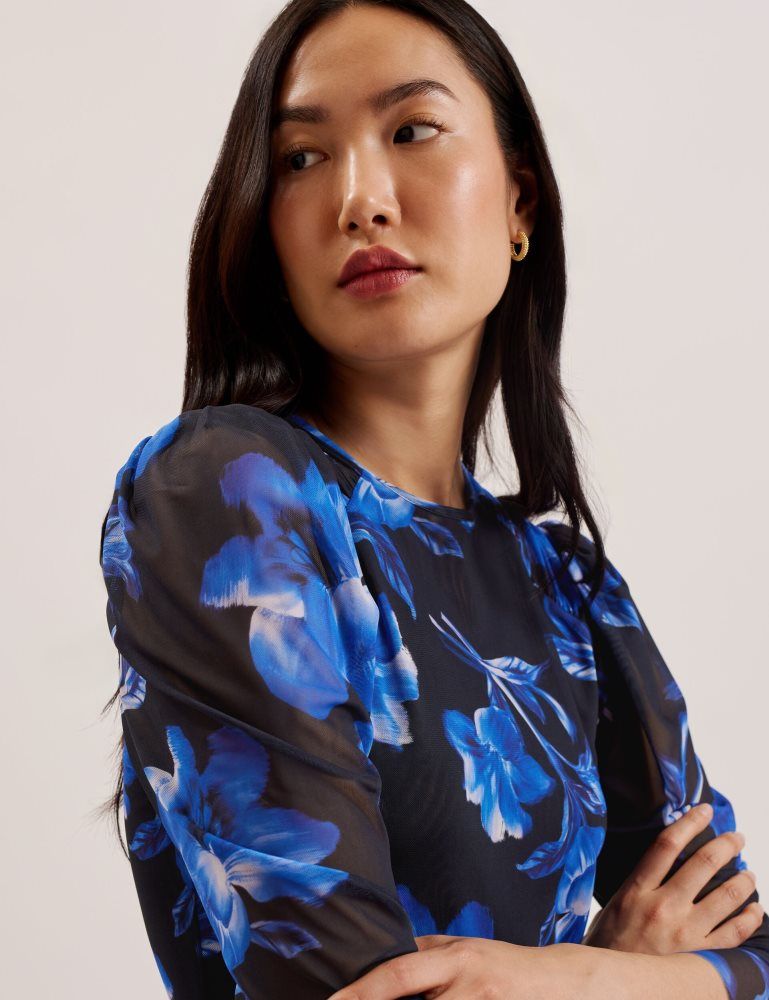 Ted Baker Carmall - Floral Puff Sleeve Mesh Mini Dress Bleu | 948652-QDV