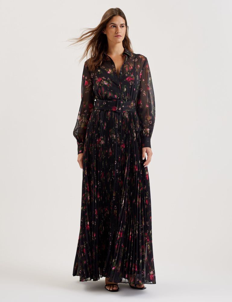 Ted Baker Ceiba - Floral Print Pleated Maxi Shirt Dress Noir | 795648-LEN