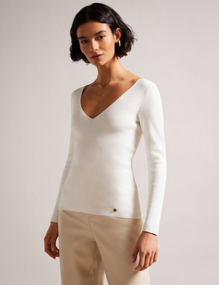 Ted Baker Cileste - Fitted V-neck Long Sleeve Knit Top Blanche | 564809-XJO
