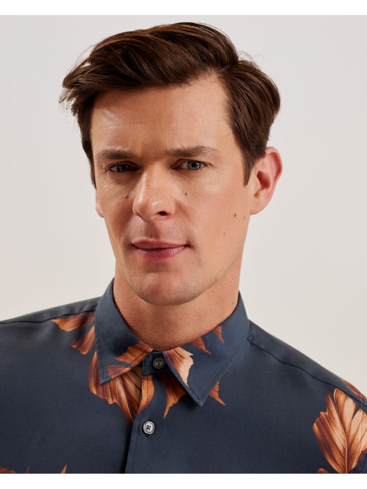 Ted Baker Coltons - Leaf Print Long Sleeve Lyocell Shirt Bleu Marine | 261874-MOB