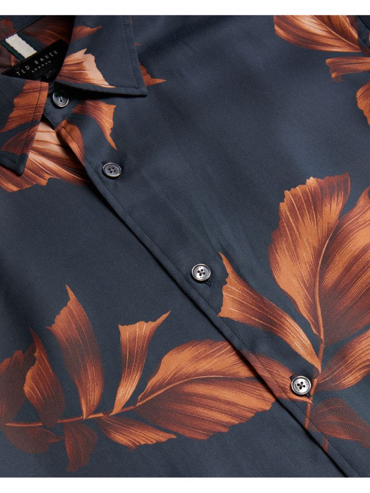 Ted Baker Coltons - Leaf Print Long Sleeve Lyocell Shirt Bleu Marine | 261874-MOB