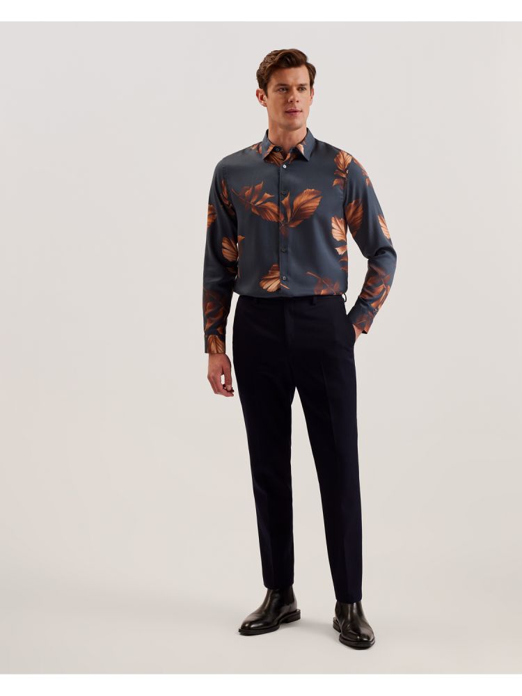 Ted Baker Coltons - Leaf Print Long Sleeve Lyocell Shirt Bleu Marine | 261874-MOB