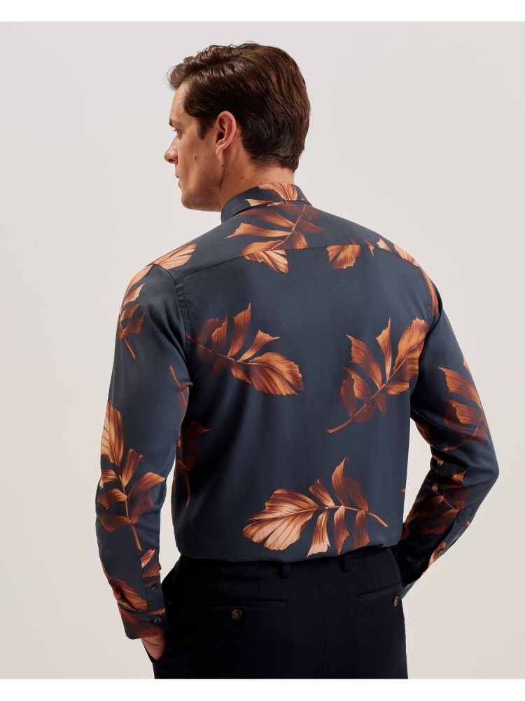 Ted Baker Coltons - Leaf Print Long Sleeve Lyocell Shirt Bleu Marine | 261874-MOB