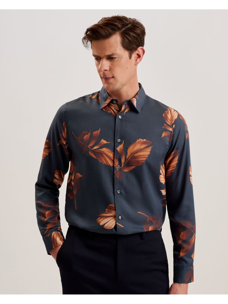 Ted Baker Coltons - Leaf Print Long Sleeve Lyocell Shirt Bleu Marine | 261874-MOB
