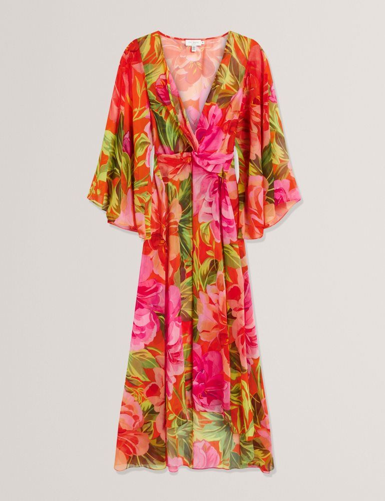 Ted Baker Ddarcis - Floral Twisted Waist Maxi Beach Cover-up Corail | 287364-AJN