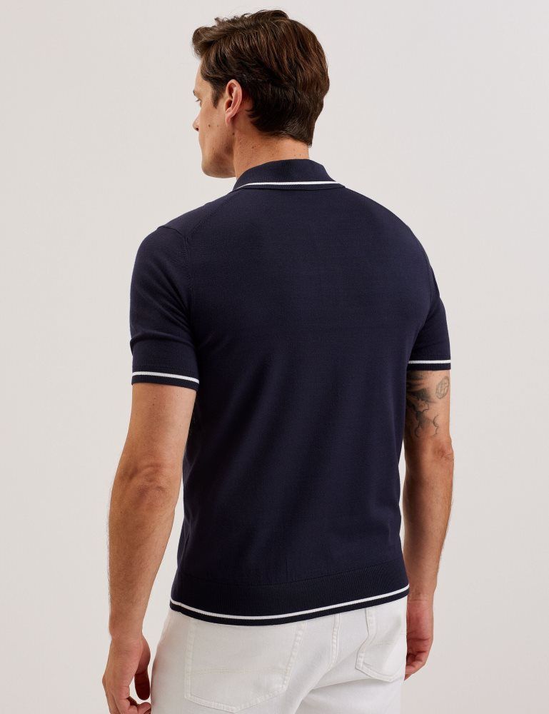 Ted Baker Dunow - Pointelle Detail Striped Trim Polo Shirt Bleu Marine | 624073-HKL