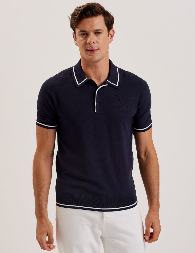 Ted Baker Dunow - Pointelle Detail Striped Trim Polo Shirt Bleu Marine | 624073-HKL
