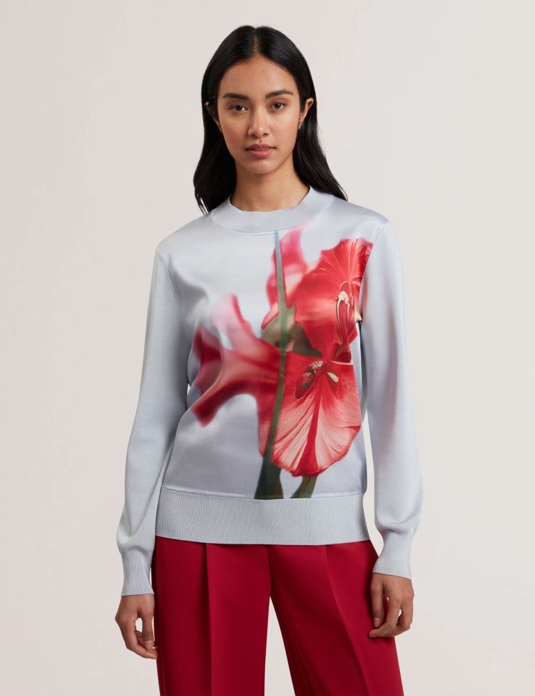 Ted Baker Eloaa - Printed Woven Front Knitted Jumper Bleu | 061742-PKT