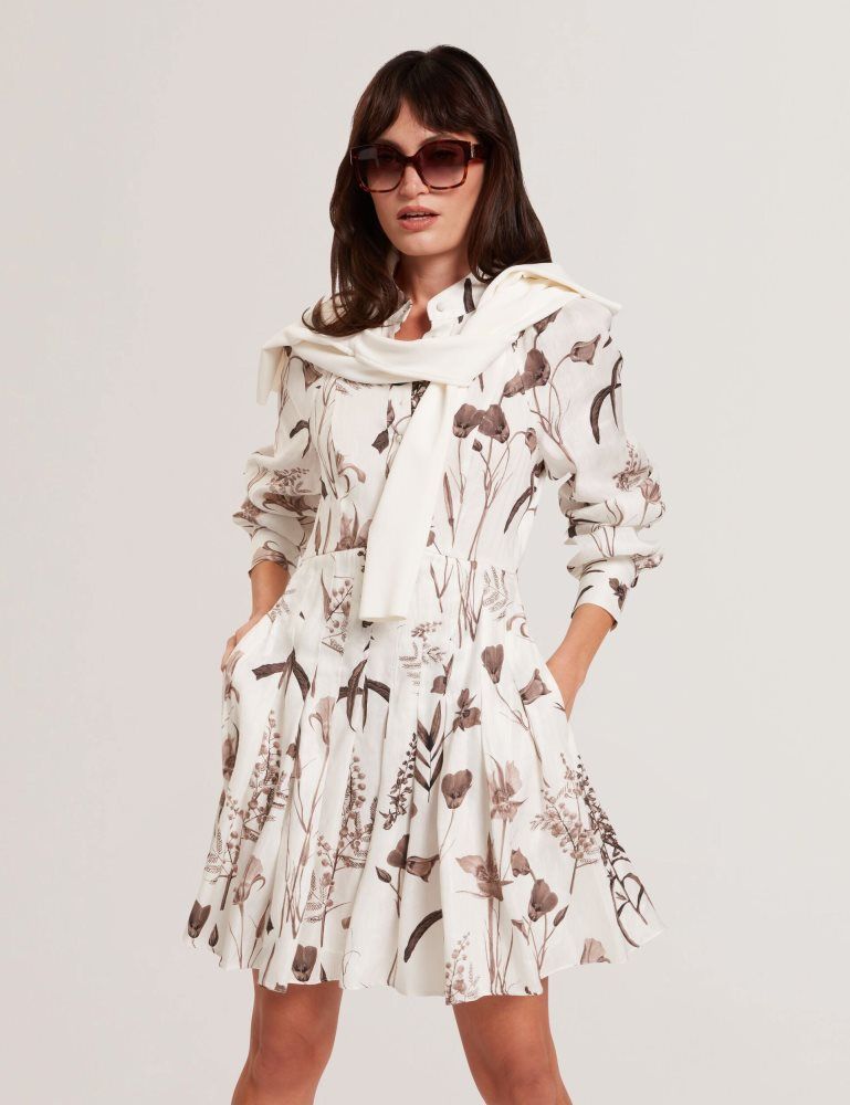 Ted Baker Elodiza - Sepia Print Linen Silk Mini Shirt Dress Blanche | 310692-TZI