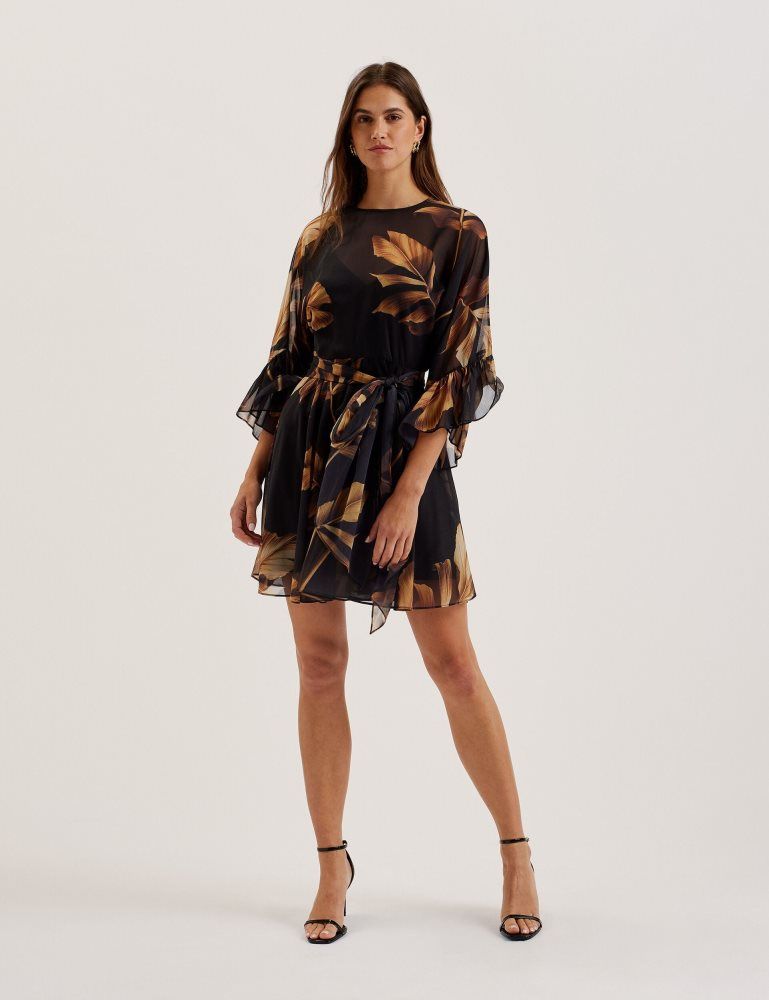 Ted Baker Elster - Printed Chiffon Mini Dress With Tie Waist Noir | 762519-WAN