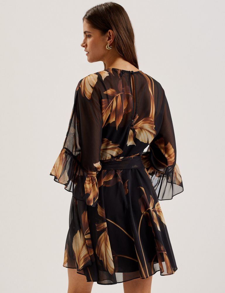 Ted Baker Elster - Printed Chiffon Mini Dress With Tie Waist Noir | 762519-WAN