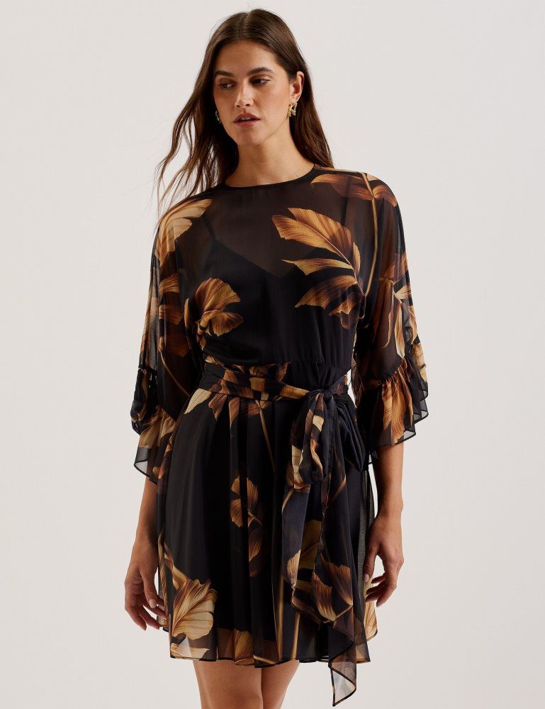 Ted Baker Elster - Printed Chiffon Mini Dress With Tie Waist Noir | 762519-WAN