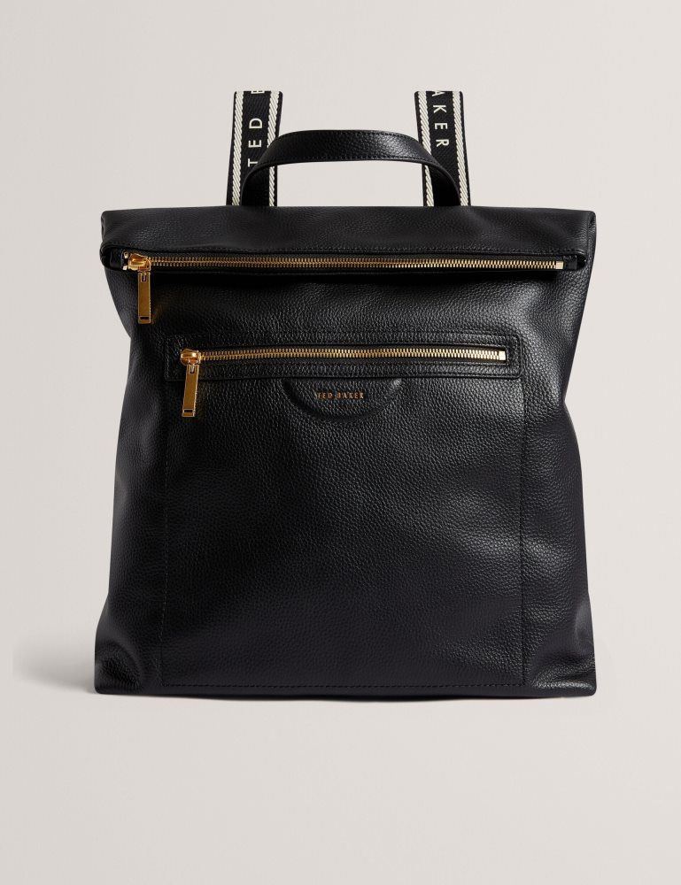 Ted Baker Essaya - Leather Webbing Strap Fold Over Backpack Noir | 271685-WDH