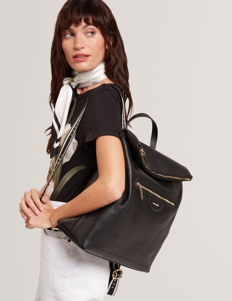Ted Baker Essaya - Leather Webbing Strap Fold Over Backpack Noir | 271685-WDH