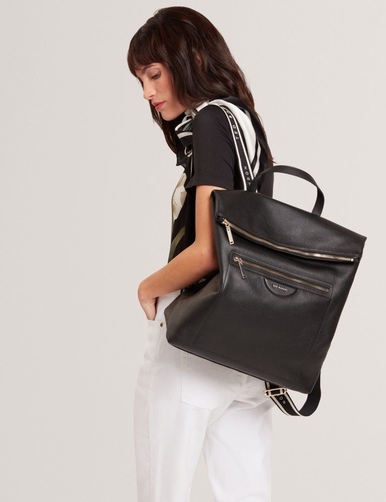 Ted Baker Essaya - Leather Webbing Strap Fold Over Backpack Noir | 271685-WDH